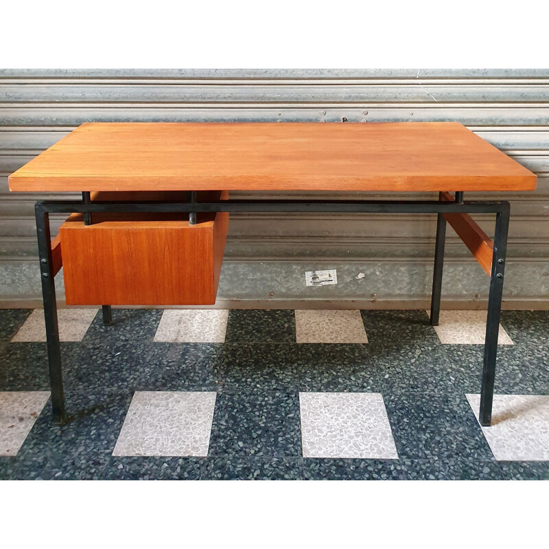 Bureau Moderniste - Caisson Suspendu - 1960s - Teck & Métal Laqué