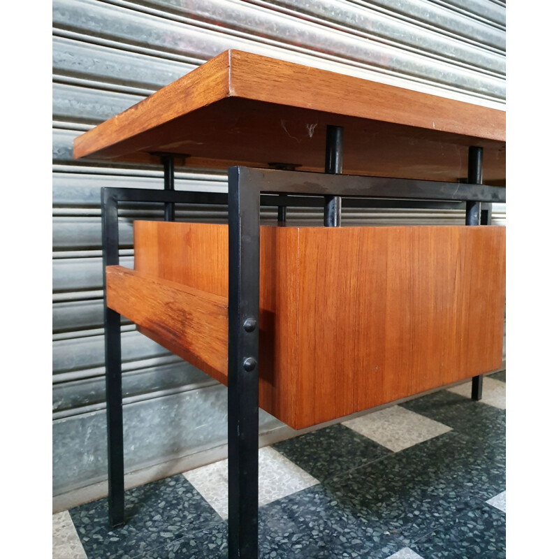 Bureau Moderniste - Caisson Suspendu - 1960s - Teck & Métal Laqué