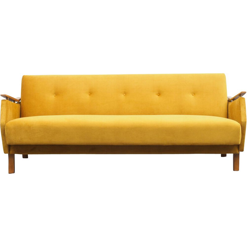 Vintage yellow fabric and beech sofa, 1950s