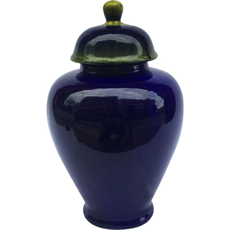 Vase vintage bleu en céramique fait à la main, 1980