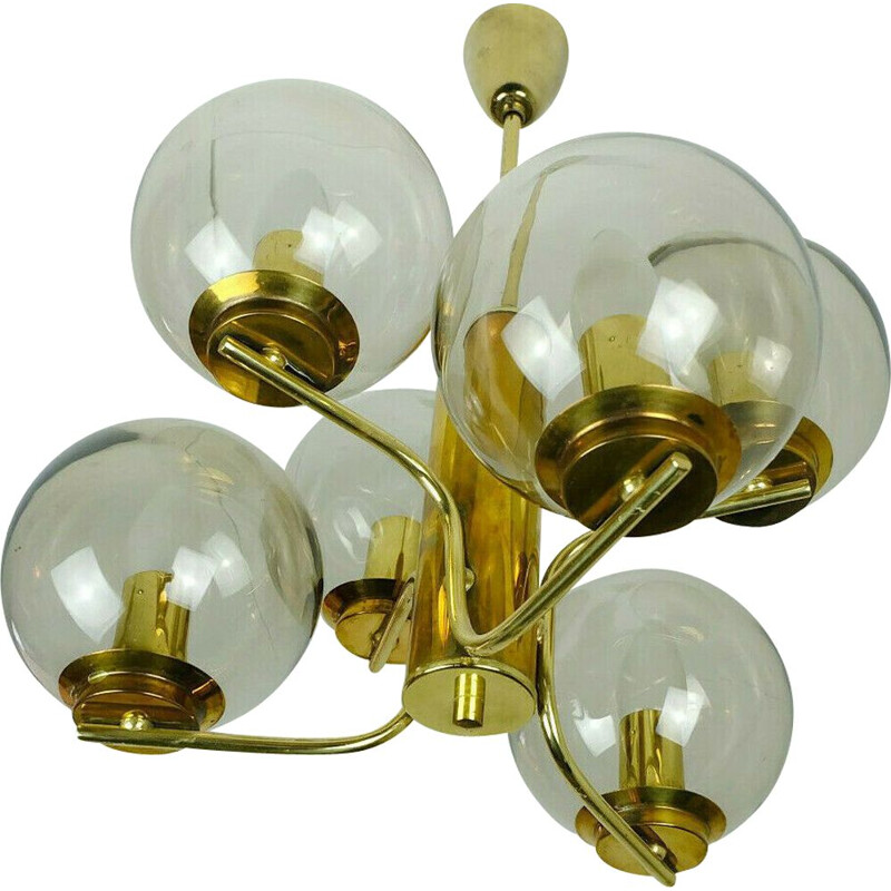 Vointage brass and smoked glass chandelier, 1960s