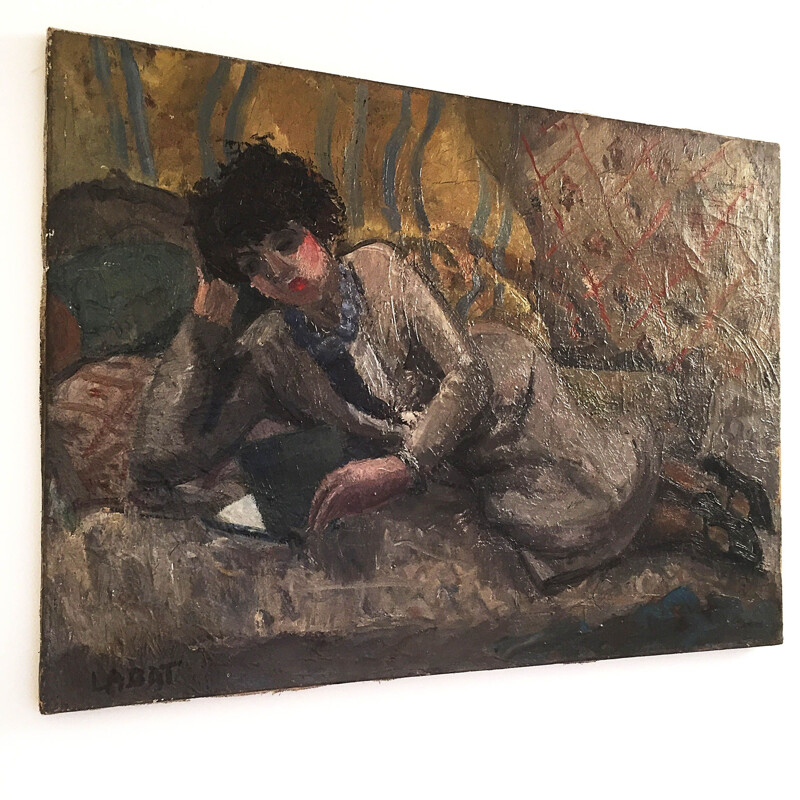 Huile sur toile impressionniste Art Déco de femme qui lit  par Fernand Labat