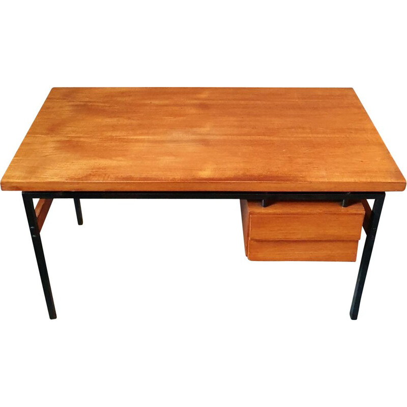 Bureau Moderniste - Caisson Suspendu - 1960s - Teck & Métal Laqué