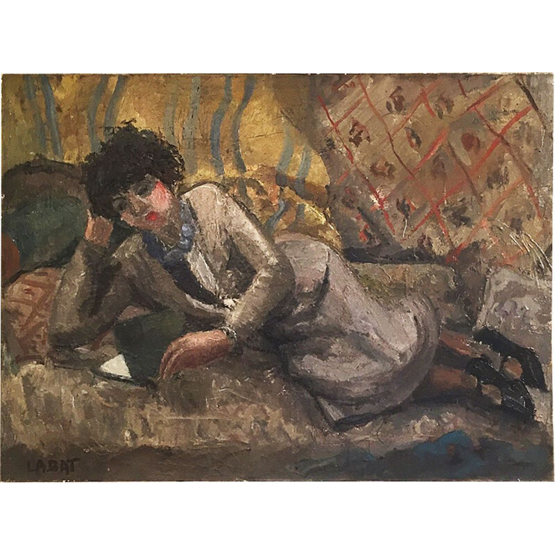 Huile sur toile impressionniste Art Déco de femme qui lit  par Fernand Labat