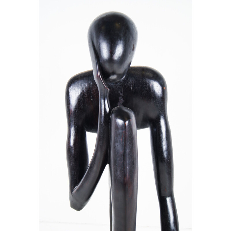 Vintage Ebonized Carved Wood Abstract Sculpture, the Thinker