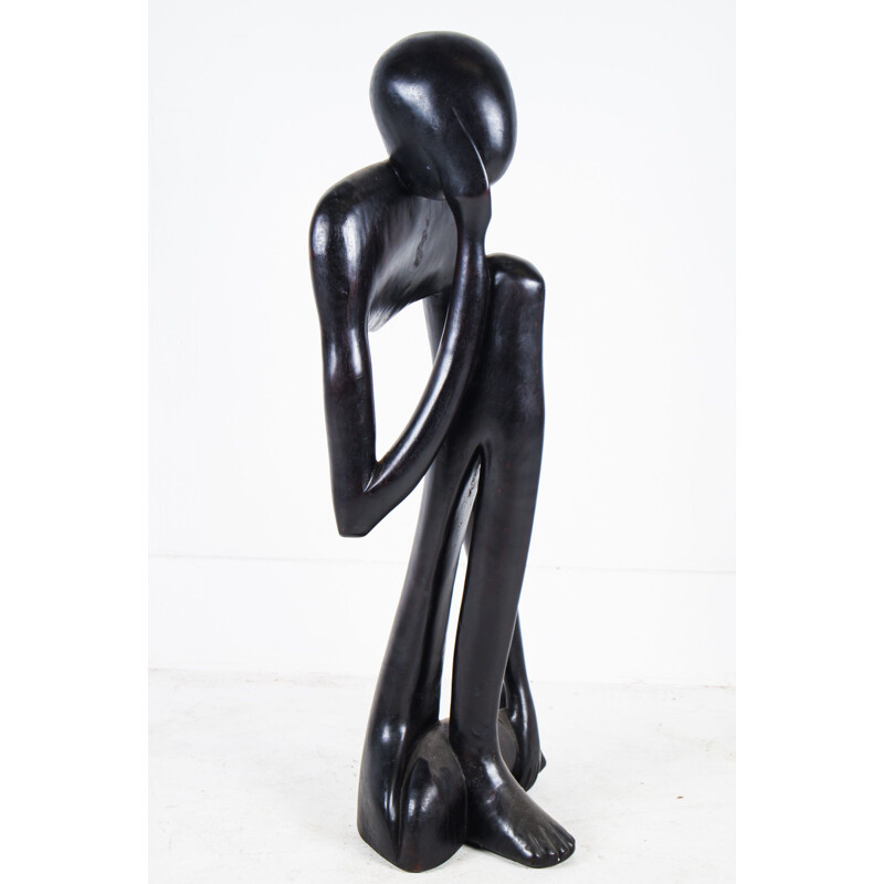 Sculpture abstraite vintage en bois sculpté et ébonisé, le Penseur