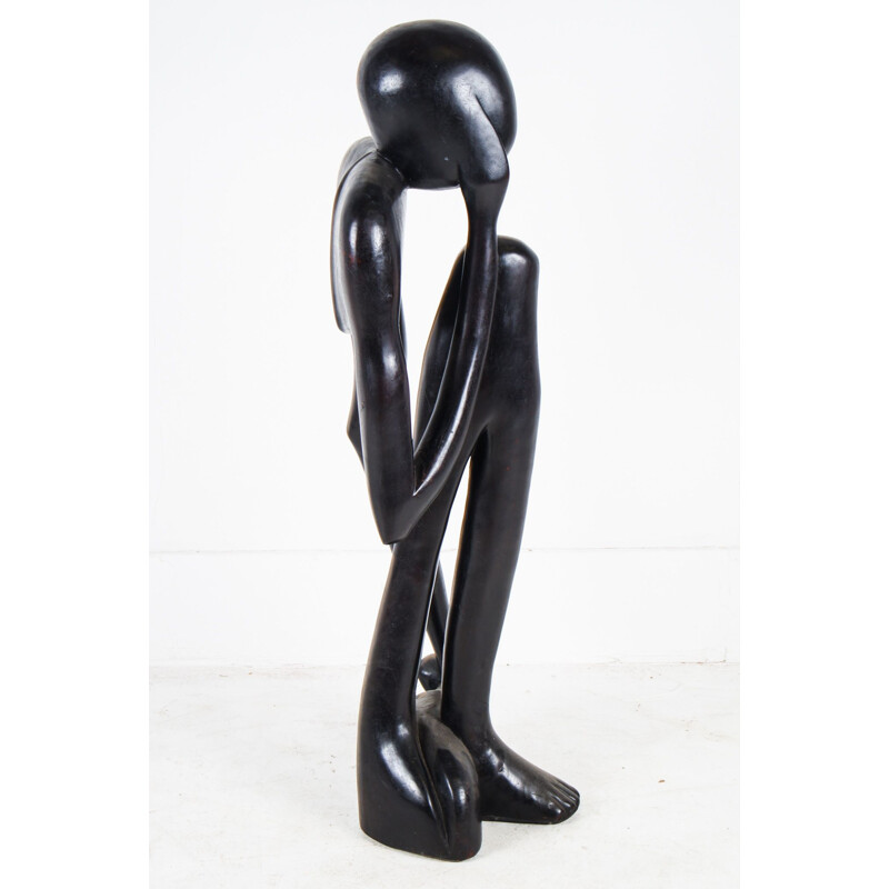 Sculpture abstraite vintage en bois sculpté et ébonisé, le Penseur