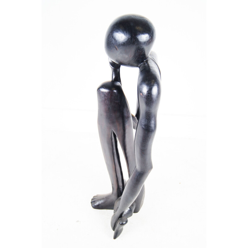 Vintage Ebonized Carved Wood Abstract Sculpture, the Thinker