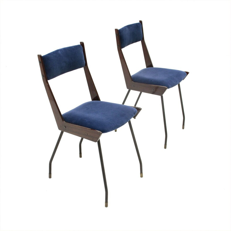 Pair of vintage italian blue velvet dining chair by RB Rossana, 1950