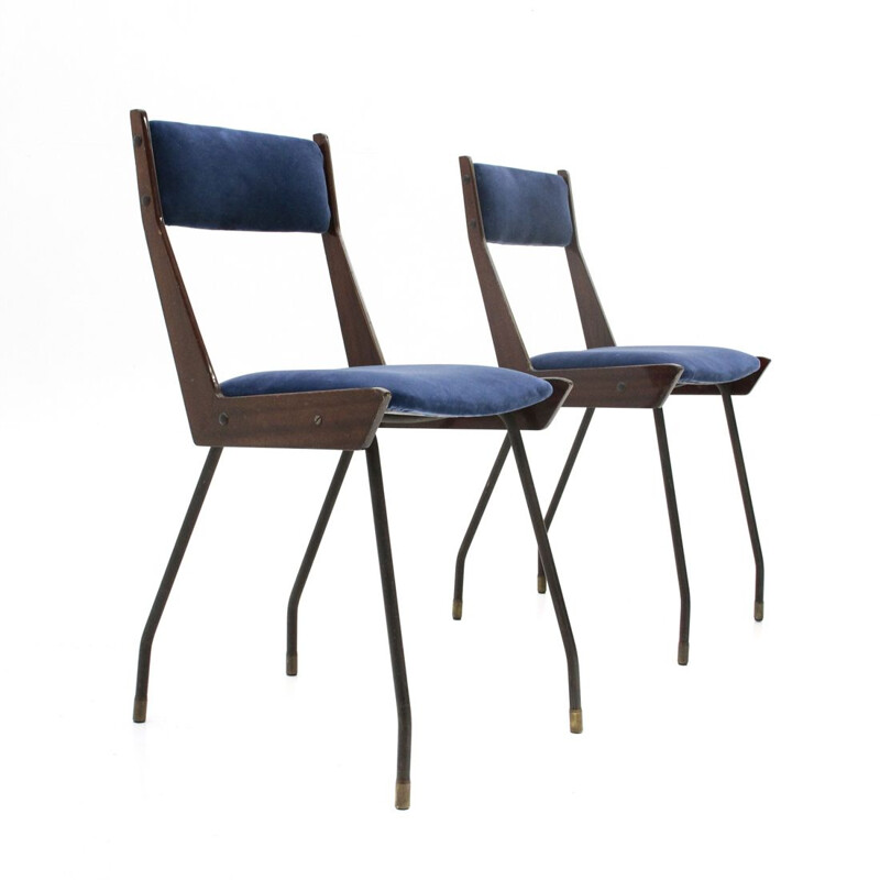 Pair of vintage italian blue velvet dining chair by RB Rossana, 1950