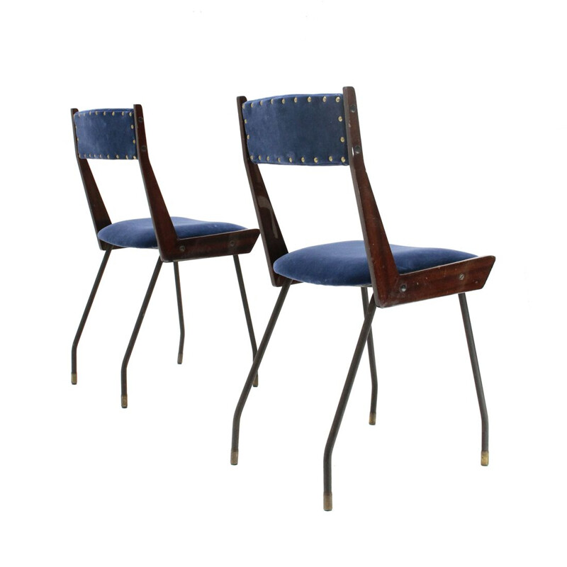 Pair of vintage italian blue velvet dining chair by RB Rossana, 1950