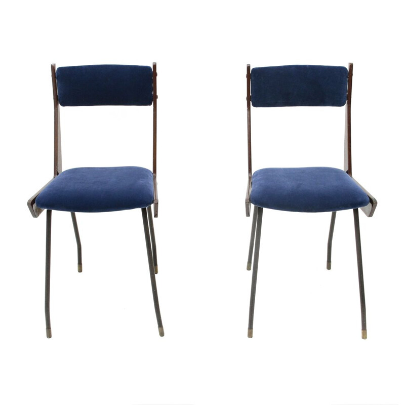 Pair of vintage italian blue velvet dining chair by RB Rossana, 1950