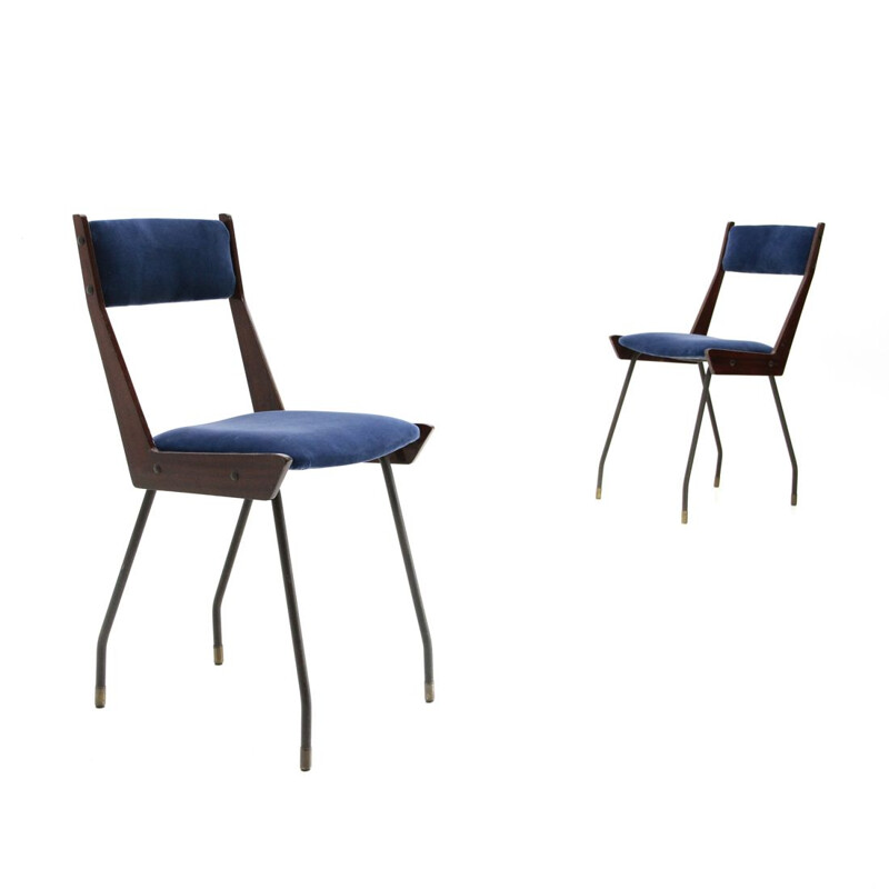 Pair of vintage italian blue velvet dining chair by RB Rossana, 1950