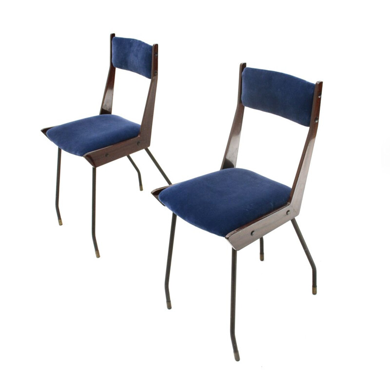 Paire de chaises de salle à manger vintage en velours bleu italien par RB Rossana, 1950