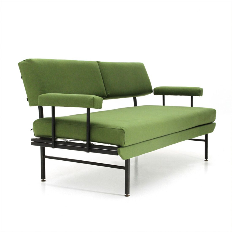 Vintage italian green fabric and metal sofa bed, 1950