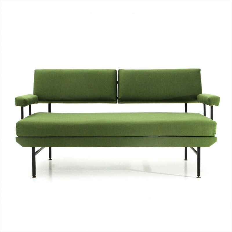 Vintage italian green fabric and metal sofa bed, 1950