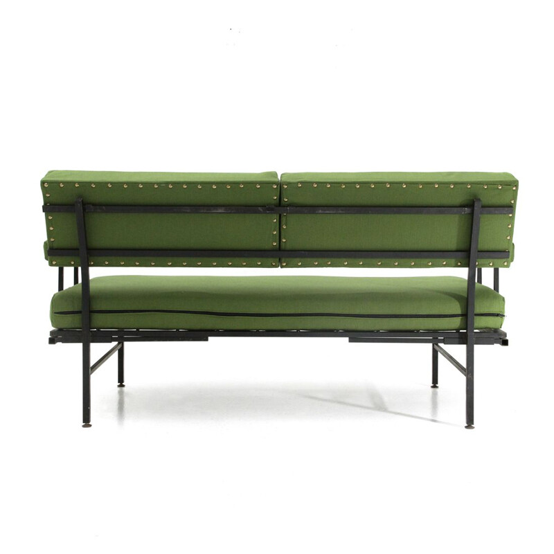 Vintage italian green fabric and metal sofa bed, 1950