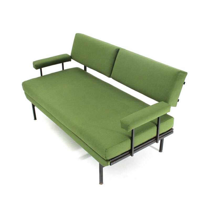 Vintage italian green fabric and metal sofa bed, 1950