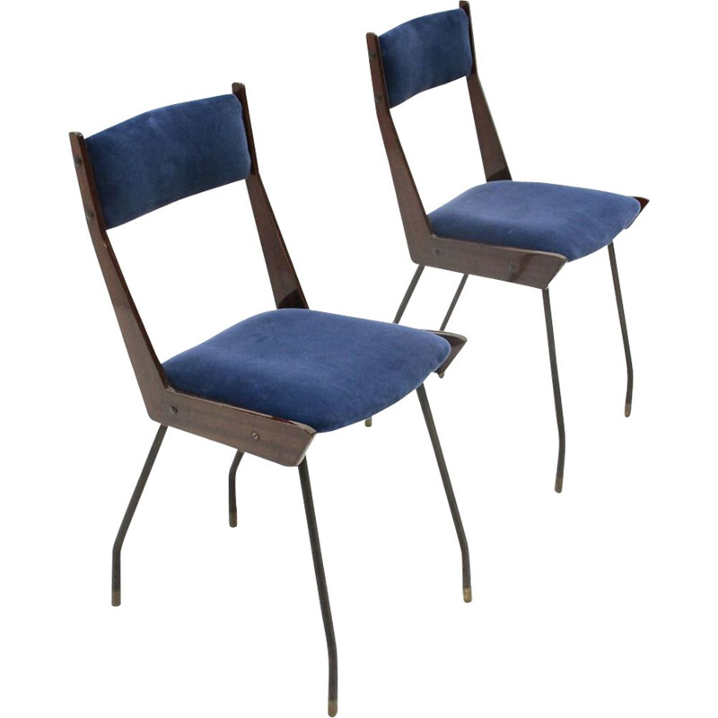 Paire de chaises de salle à manger vintage en velours bleu italien par RB Rossana, 1950
