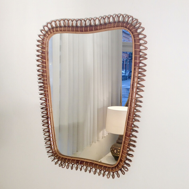 Grand miroir en osier vintage, Italie 1950