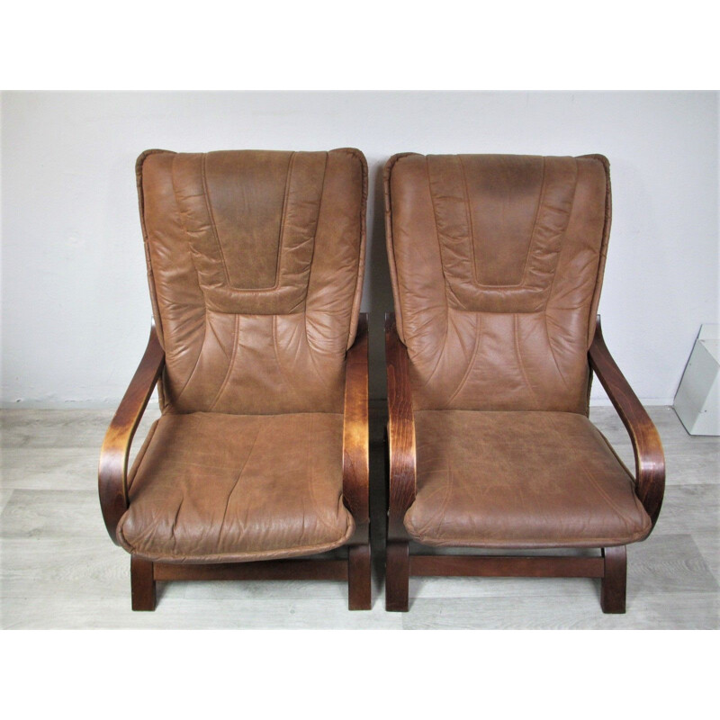 Paire de fauteuils vintage marron en daim, 1970