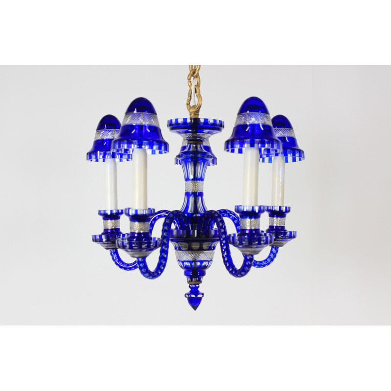 Vintage blue glass chandelier, Czechoslovakia 1940