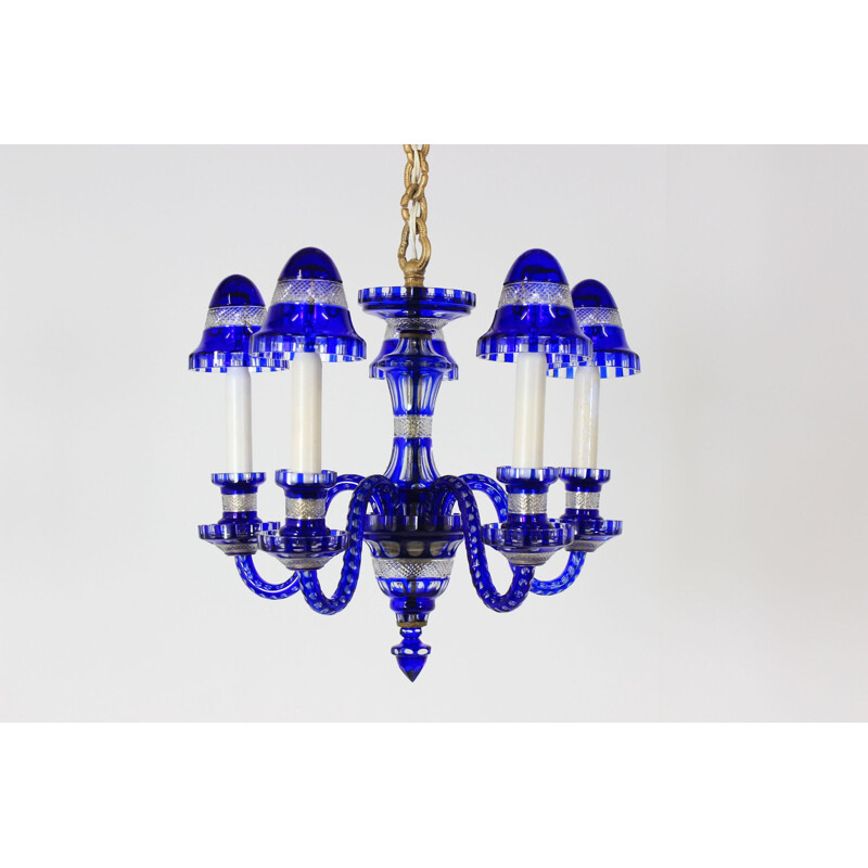 Vintage blue glass chandelier, Czechoslovakia 1940