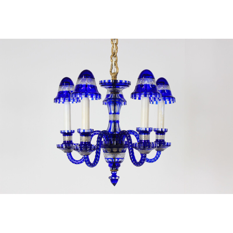 Vintage blue glass chandelier, Czechoslovakia 1940