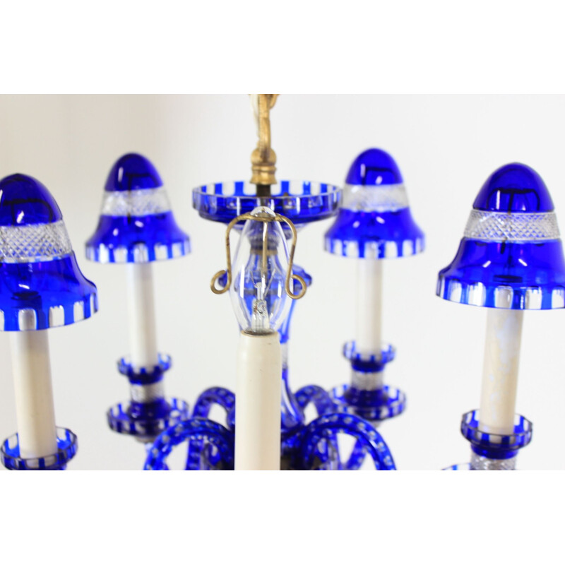 Lampadario vintage in vetro blu, Cecoslovacchia 1940