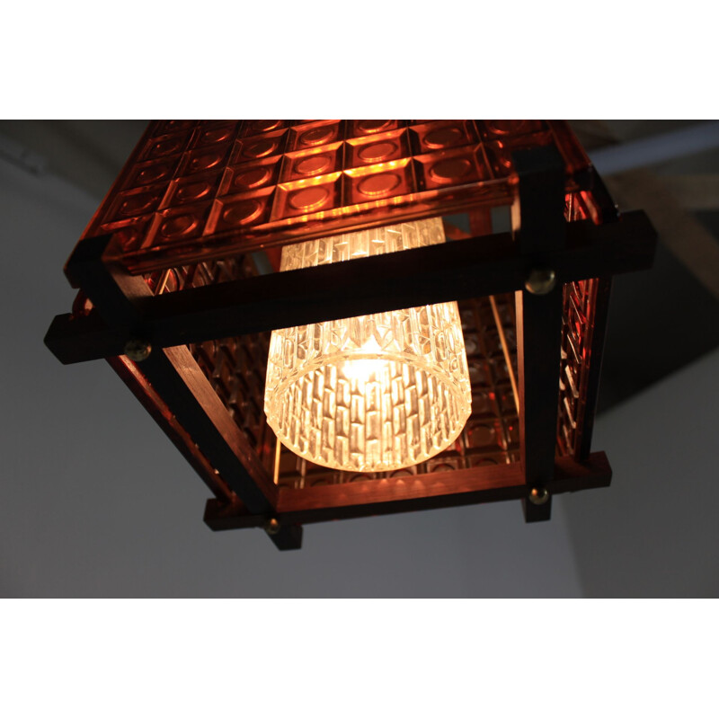 Vintage Danish Palisander Glass Pendant Light 1960