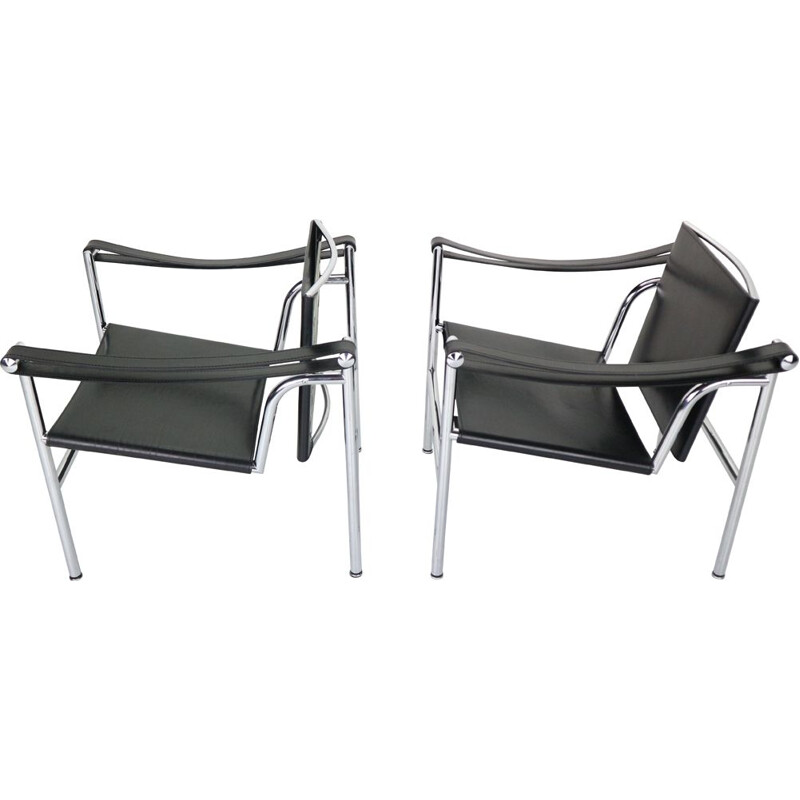 Set of 2 vintage black leather armchairs model- LC1 by Le Corbusier for Cassina, 1970s