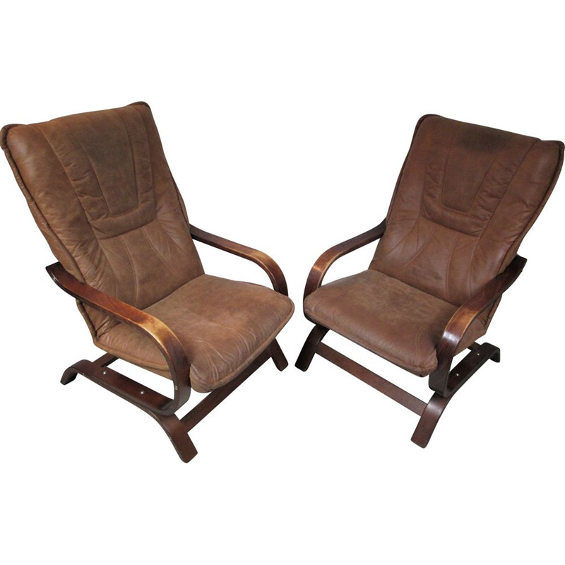 Paire de fauteuils vintage marron en daim, 1970