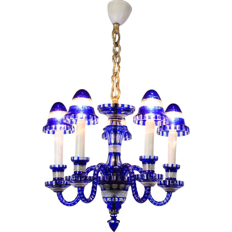 Lampadario vintage in vetro blu, Cecoslovacchia 1940