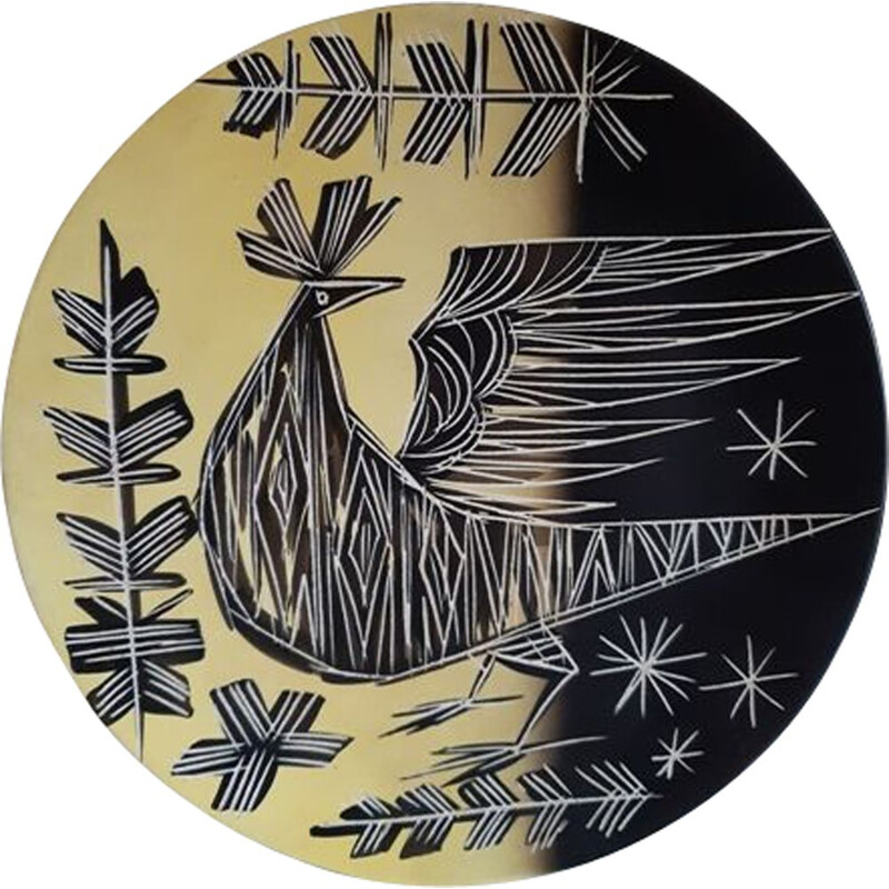 Vintage Vallauris plate with an incised decoration by François Ré from 1960