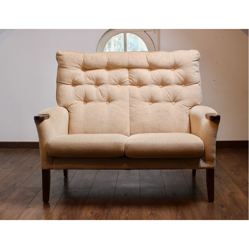 Vintage 2-seater sofa in beige velvet fabric, 1950s