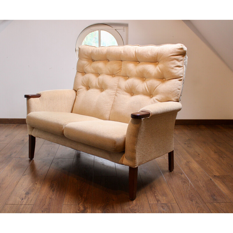 Vintage 2-seater sofa in beige velvet fabric, 1950s