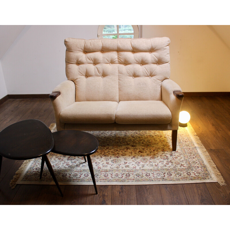 Vintage 2-seater sofa in beige velvet fabric, 1950s