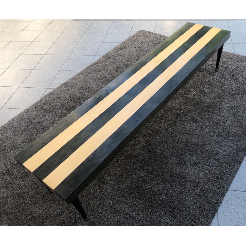 Vintage design bench in solid wood with striped pattern and brass footbase 1980