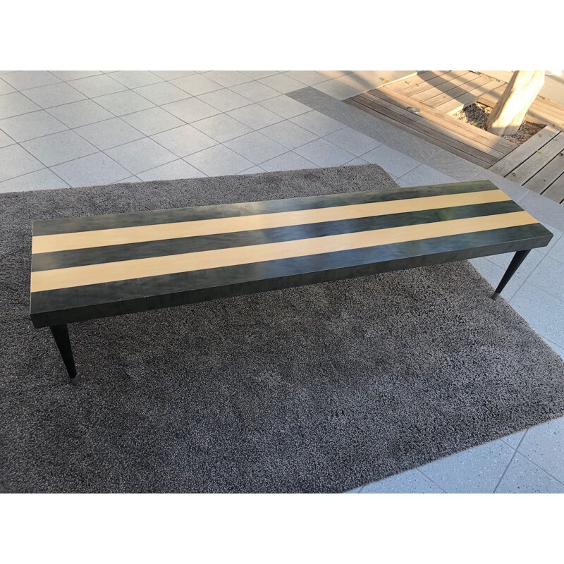 Vintage design bench in solid wood with striped pattern and brass footbase 1980