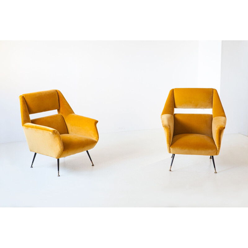 Pair of Vintage Italian Senape Velvet Lounge Chairs by Gigi Radice