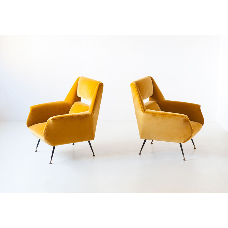 Pair of Vintage Italian Senape Velvet Lounge Chairs by Gigi Radice