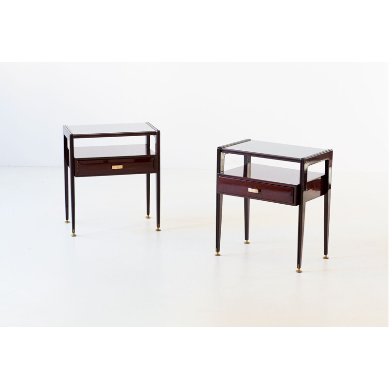 Pair of Vintage Italian mahogany Bedside Tables with Glass Top 1950