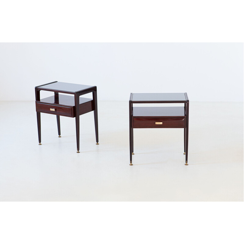 Pair of Vintage Italian mahogany Bedside Tables with Glass Top 1950