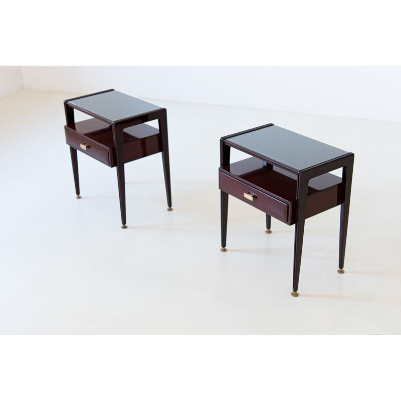 Pair of Vintage Italian mahogany Bedside Tables with Glass Top 1950