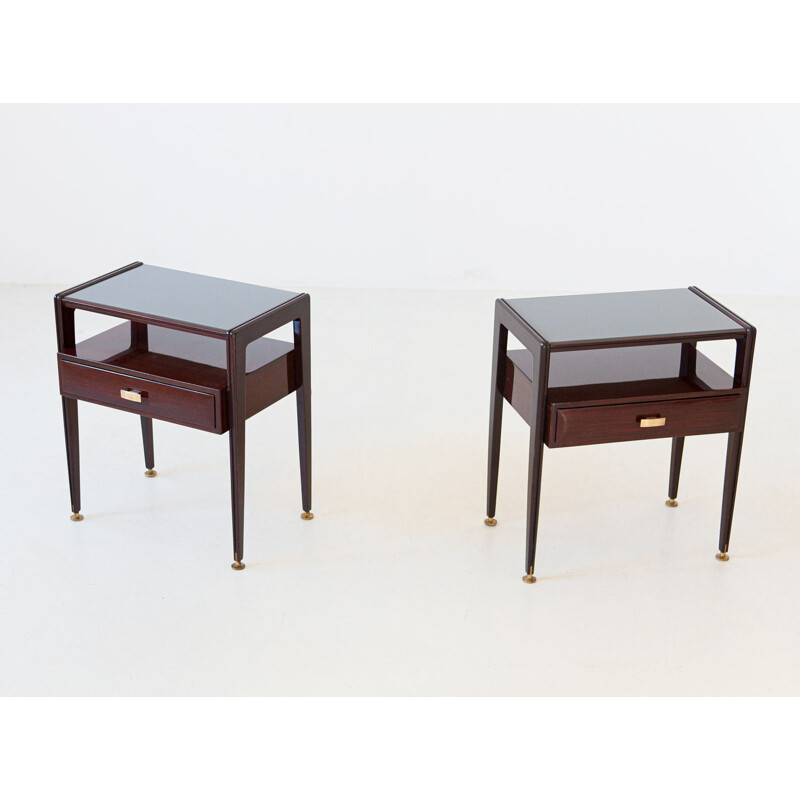 Pair of Vintage Italian mahogany Bedside Tables with Glass Top 1950