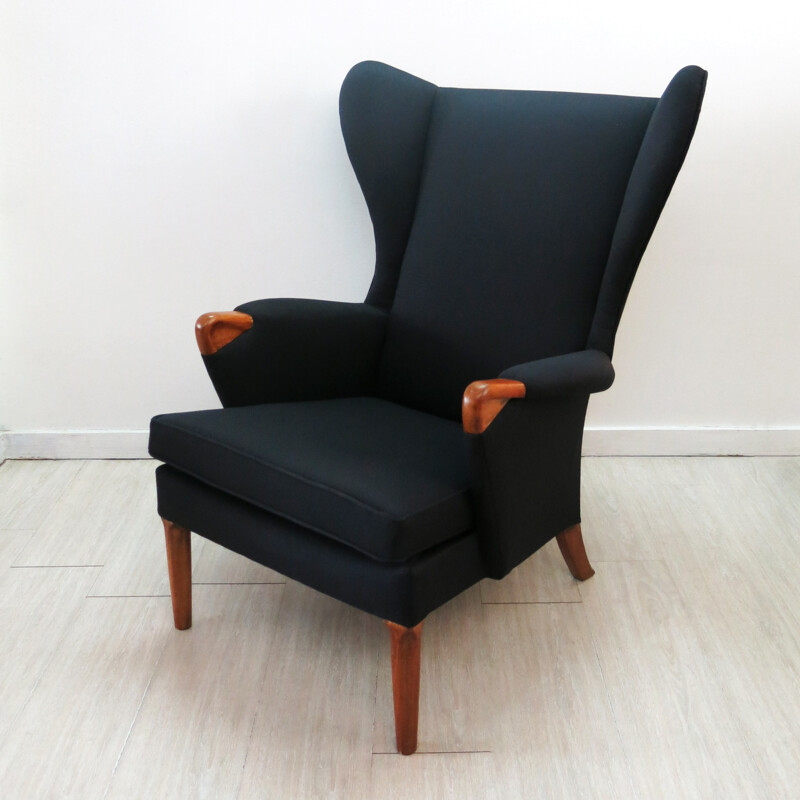 Fauteuil vintage Parker Knoll en teck et tissu noir - 1960