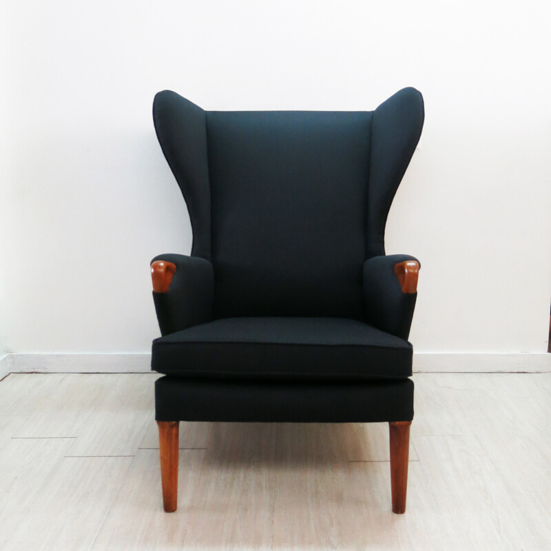 Fauteuil vintage Parker Knoll en teck et tissu noir - 1960