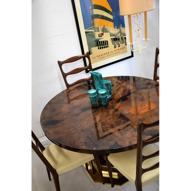 Vintage Brown Goatskin and Brass Dining Table Aldo Tura