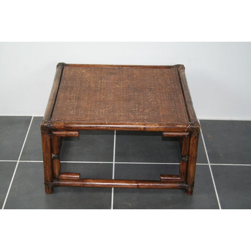 Table basse rotin carrée vintage 1970