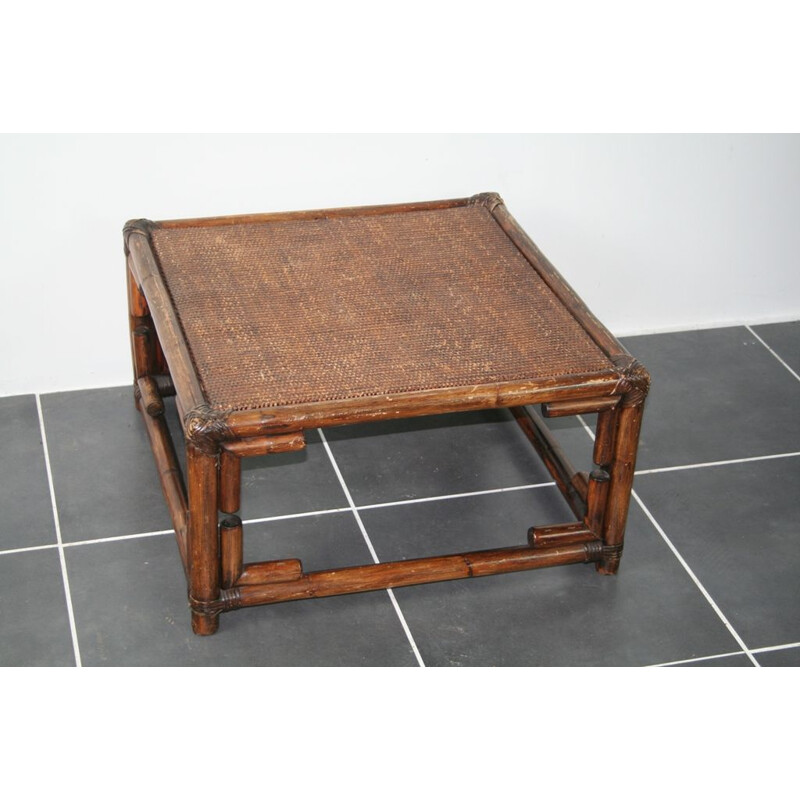 Square vintage rattan coffee table 1970